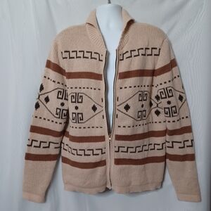 Beige & Brown Aztec Pattern Zipper Front Sweater. Size L